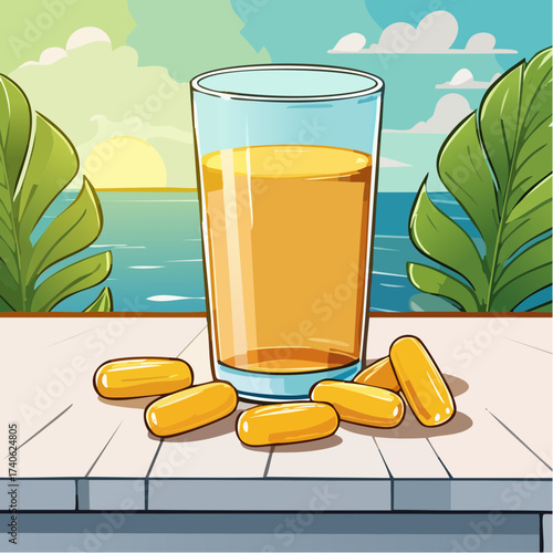 omega-3 capsules on a clean white table, next to a glass of water