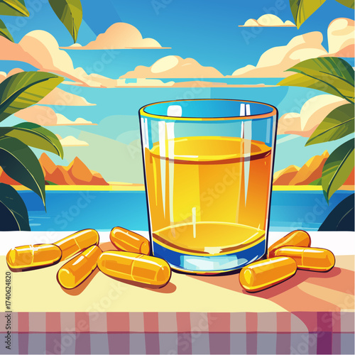 omega-3 capsules on a clean white table, next to a glass of water