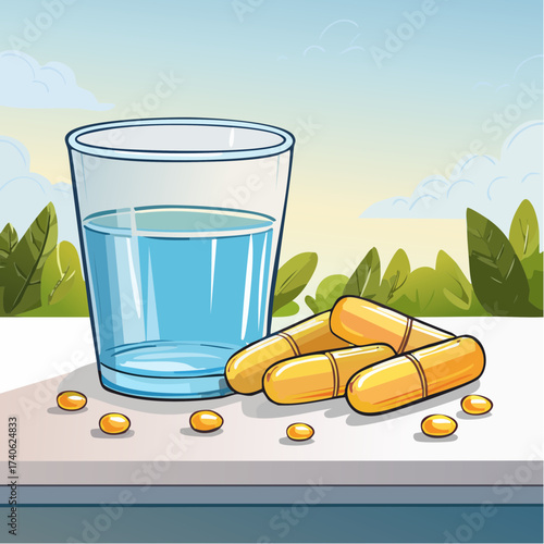omega-3 capsules on a clean white table, next to a glass of water