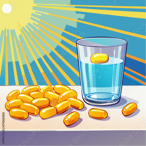 omega-3 capsules on a clean white table, next to a glass of water