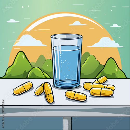 omega-3 capsules on a clean white table, next to a glass of water