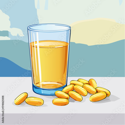 omega-3 capsules on a clean white table, next to a glass of water