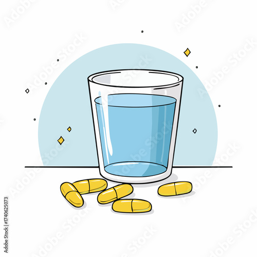 omega-3 capsules on a clean white table, next to a glass of water