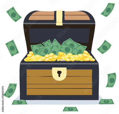 Open treasure chest with gold coins and green money spilling out on a white background, vector illustration