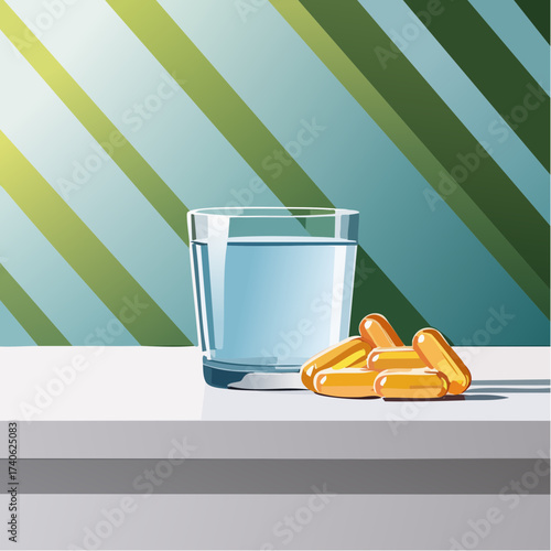 omega-3 capsules on a clean white table, next to a glass of water