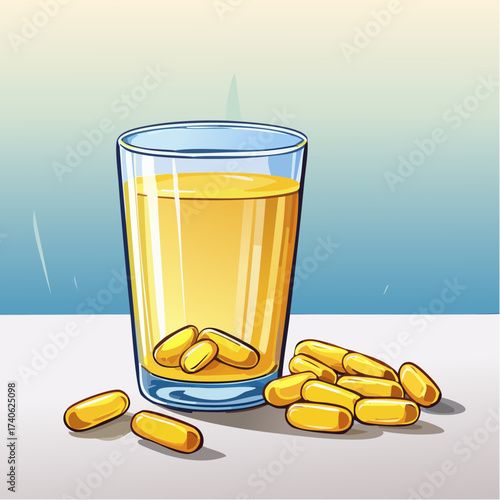 omega-3 capsules on a clean white table, next to a glass of water
