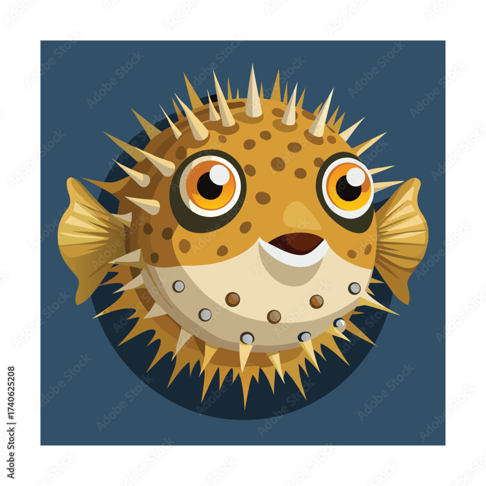 Fototapeta premium Cartoon pufferfish with surprised expression and dark background
