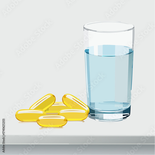 omega-3 capsules on a clean white table, next to a glass of water