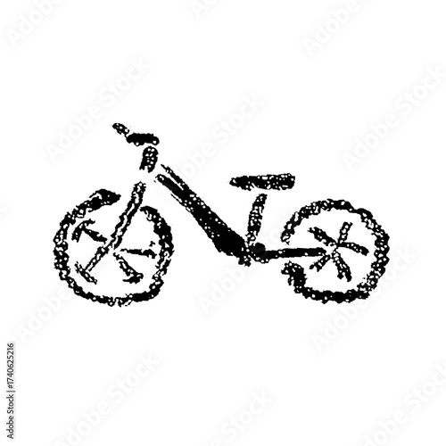 Hand-drawn whimsical illustration of a kids bicycle in crayon texture. Simple black doodle sketch in cartoon style, perfect for children’s design, education themes, or playful creative projects. Ideal