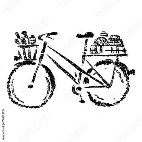 Whimsical Crayon Drawing of a Touring Bicycle with Picnic baskets and travel gear. ideal for design projects about travel, outdoor adventures, cycling lifestyle, or eco-friendly transportation. Perfec