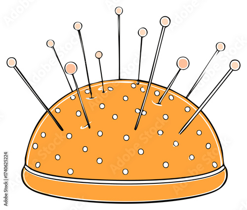 Bright orange pincushion with white polka dots and scattered sewing pins, cartoon style