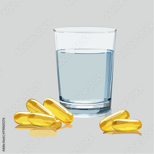 omega-3 capsules on a clean white table, next to a glass of water