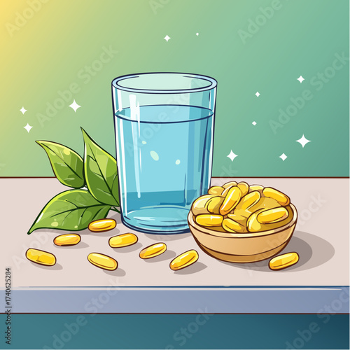 omega-3 capsules on a clean white table, next to a glass of water