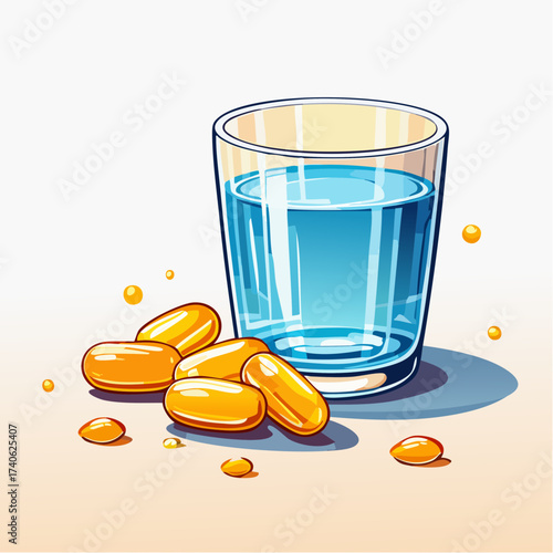 omega-3 capsules on a clean white table, next to a glass of water