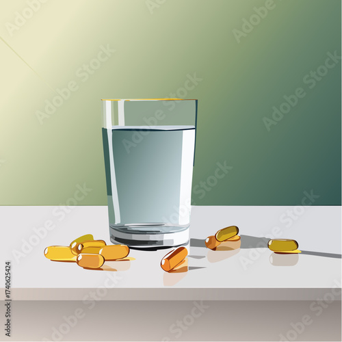 omega-3 capsules on a clean white table, next to a glass of water