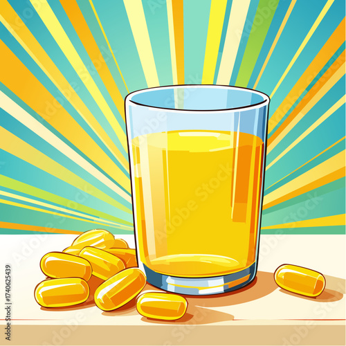 omega-3 capsules on a clean white table, next to a glass of water
