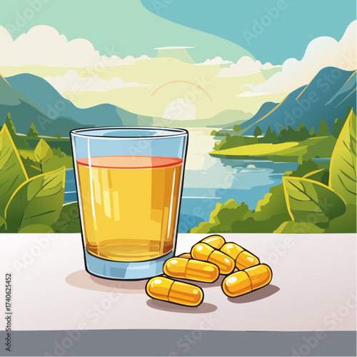 omega-3 capsules on a clean white table, next to a glass of water