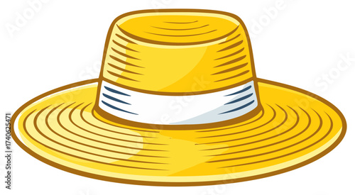 Yellow Straw Sun Hat with Ribbon Cartoon Vector Illustration