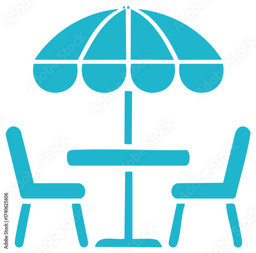 Outdoor dining icon with table chairs and umbrella for a patio restaurant or cafe terrace