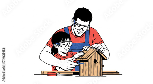 Father and daughter building a birdhouse together, both wearing safety glasses.