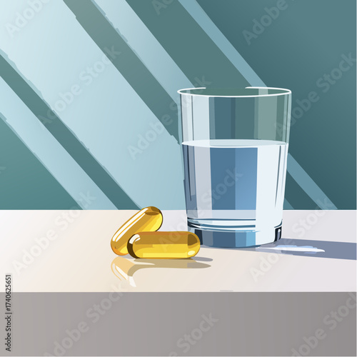 omega-3 capsules on a clean white table, next to a glass of water