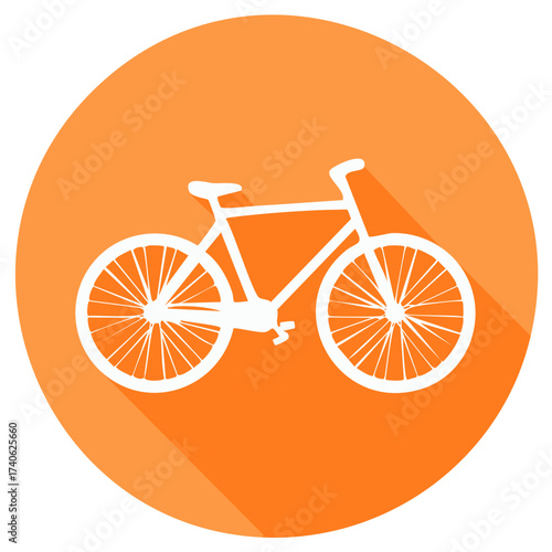 White bicycle icon on orange circle background with long shadow, modern flat design.