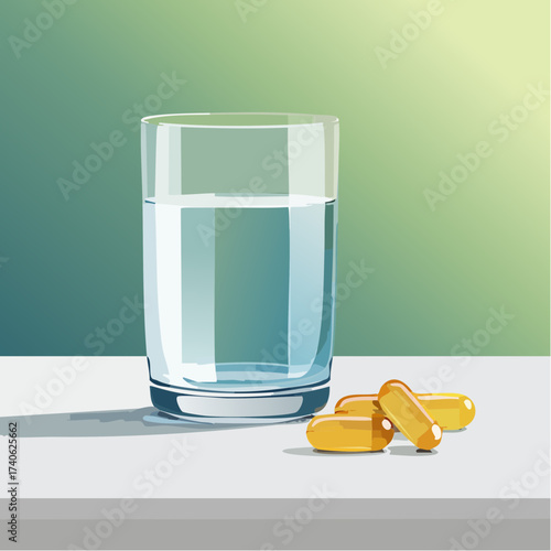 omega-3 capsules on a clean white table, next to a glass of water