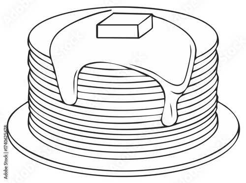 Line art stack of pancakes with melting syrup and a pat of butter