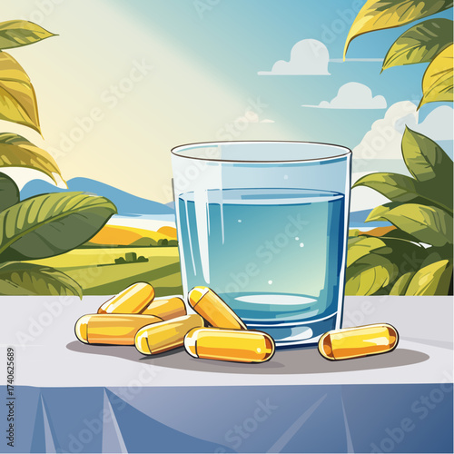 omega-3 capsules on a clean white table, next to a glass of water