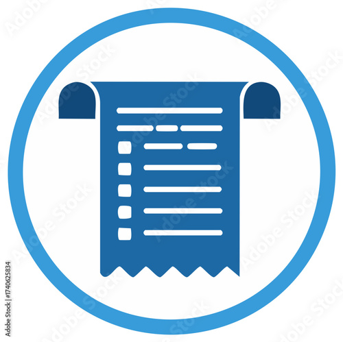 Blue Shopping Receipt Circle Icon: List of Transactions, Invoice Details, Financial Report, Accounting Summary