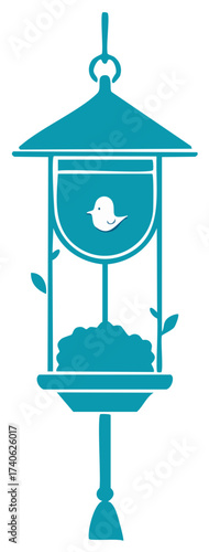 Decorative turquoise bird feeder illustration with a simple bird icon.