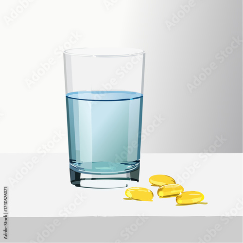 omega-3 capsules on a clean white table, next to a glass of water