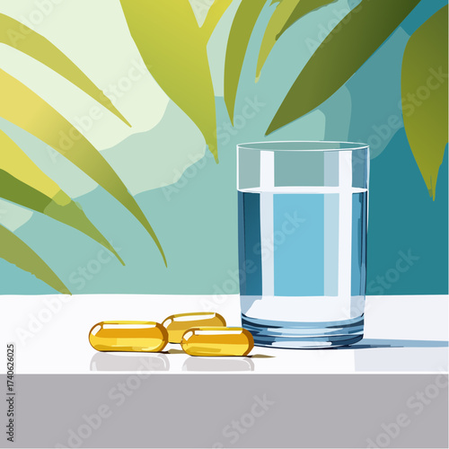omega-3 capsules on a clean white table, next to a glass of water