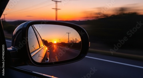 Sunset road reflected in car side mirror