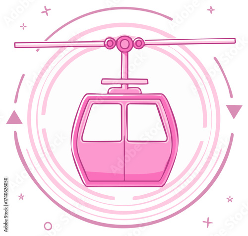 Pink Cable Car: Gondola Lift Illustration with Geometric Design Elements for Mountain or Resort Themes