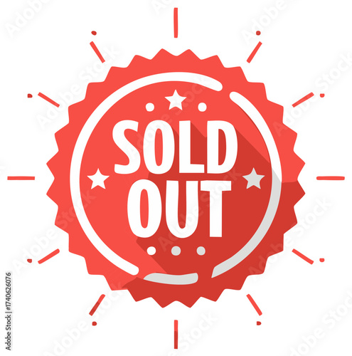 Red Sold Out badge with star details and burst effect flat design label for retail promotion