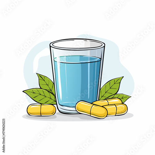 omega-3 capsules on a clean white table, next to a glass of water
