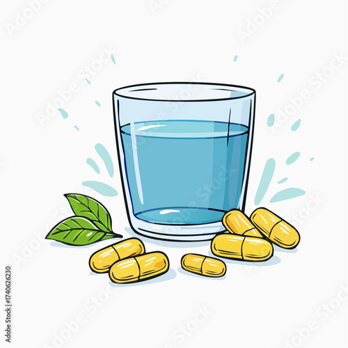 omega-3 capsules on a clean white table, next to a glass of water
