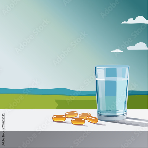 omega-3 capsules on a clean white table, next to a glass of water