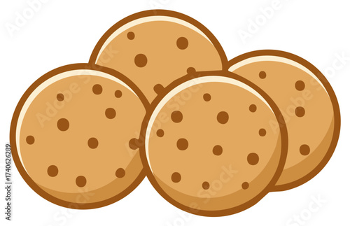 Group of delicious and freshly baked chocolate chip cookies, round shape with brown chips and outline for yummy food themes