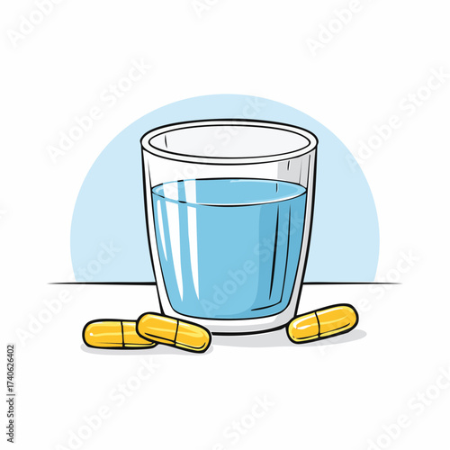 omega-3 capsules on a clean white table, next to a glass of water