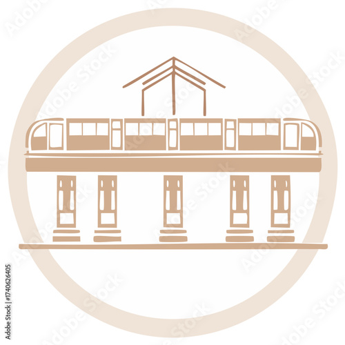 Monorail train icon with platform on columns station structure inside circle, cartoon illustration, architectural design