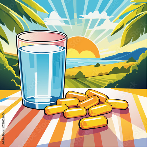 omega-3 capsules on a clean white table, next to a glass of water