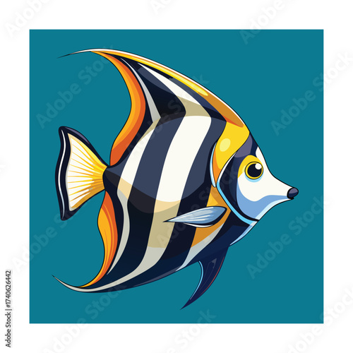 Moorish Idol Fish Illustration on Teal Background Keywords: moorish idol, fish, marine life