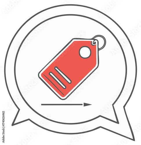 Red Price Tag Icon Inside Speech Bubble with Forward Arrow for Special Offers