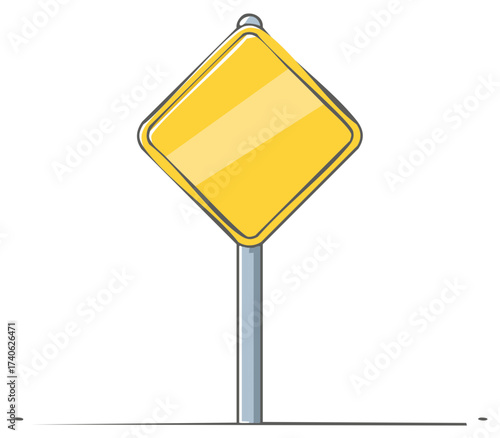 Bright yellow diamond shaped caution symbol on post, empty warning roadsign in cartoon style graphic element