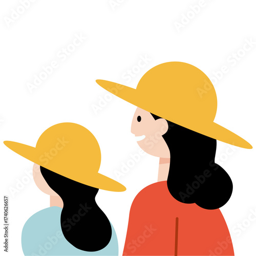 Two flat simple women wearing sun hats. Friends or relatives walking conceptually. Mother and daughter travel. Summertime flat illustration.