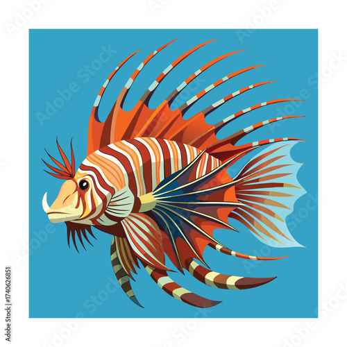 Lionfish with red orange and white stripes on blue background Keywords: lionfish, fish, marine