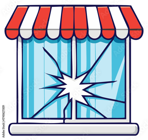 Cartoon storefront with broken glass vector illustration vandalism damage repair