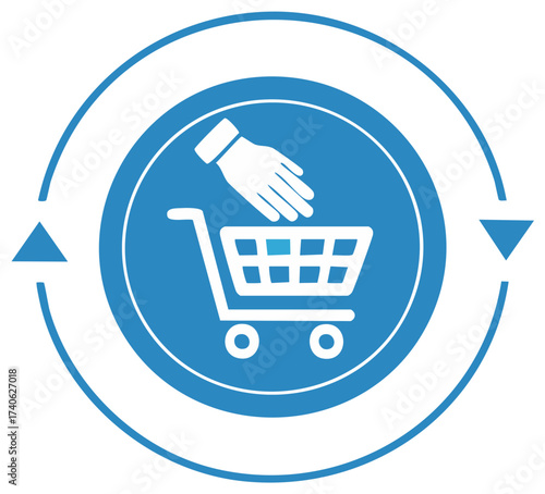 Shopping cart icon with hand.  Concept of purchase, online shopping,  or payment.
